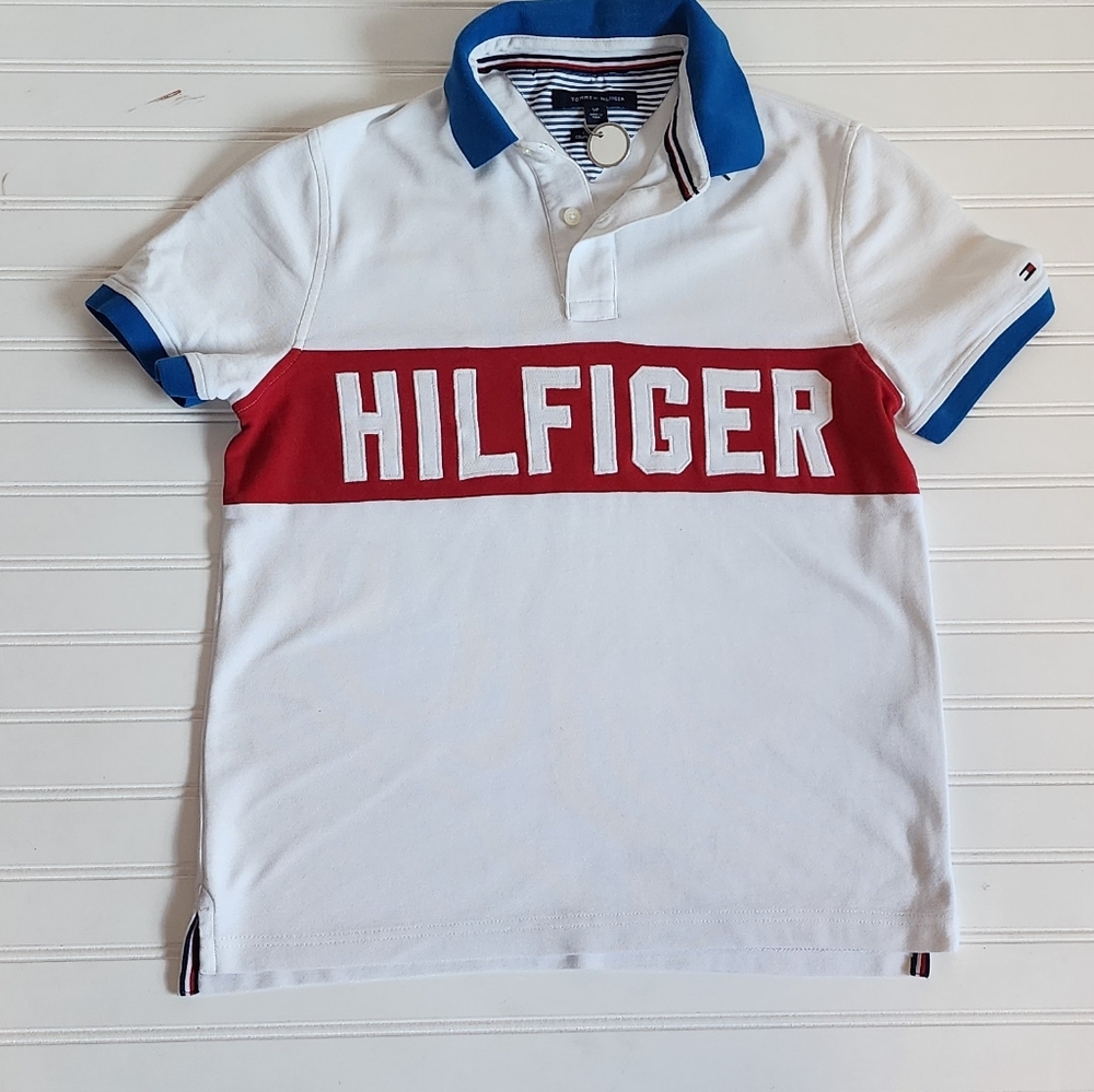 Tommy Hilfiger White Polo with Red Chest Stripe and Blue Trim